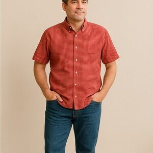 Towncraft Red Plaid Short Sleeve Wrinkle Free Shirt Men’s XXL